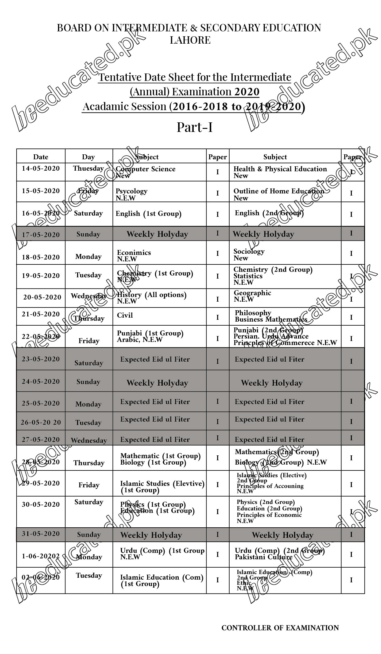 Lahore Board 11th Class Date Sheet 2020 FSc ICS FA Inter Part 1